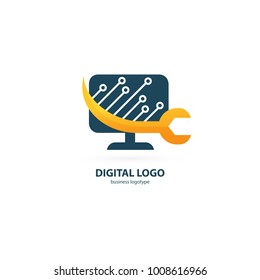 Logo design abstract computer repair vector template. Illustration design of logotype business desktop software. Vector computer web icon.
