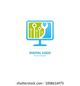 Logo design abstract computer repair vector template. Illustration design of logotype business desktop software. Vector computer web icon.
