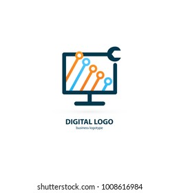 Logo design abstract computer repair vector template. Illustration design of logotype business desktop software. Vector computer web icon.