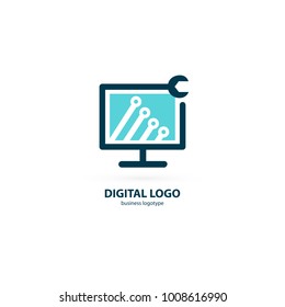 Logo design abstract computer repair vector template. Illustration design of logotype business desktop software. Vector computer web icon.