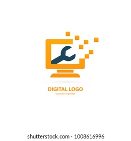 Logo design abstract computer repair vector template. Illustration design of logotype business desktop software. Vector computer web icon.