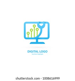 Logo design abstract computer repair vector template. Illustration design of logotype business desktop software. Vector computer web icon.