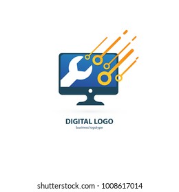 Logo design abstract computer repair vector template. Illustration design of logotype business desktop software. Vector computer web icon.