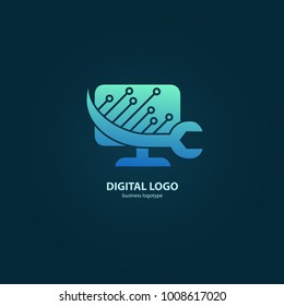 Logo design abstract computer repair vector template. Illustration design of logotype business desktop software. Vector computer web icon.