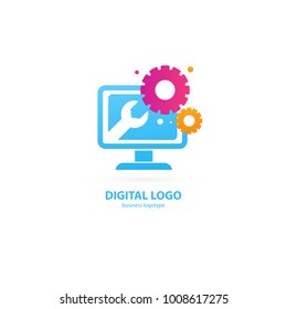 Logo design abstract computer repair vector template. Illustration design of logotype business desktop software. Vector computer web icon.