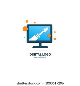 Logo design abstract computer repair vector template. Illustration design of logotype business desktop software. Vector computer web icon.