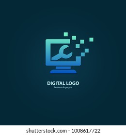 Logo design abstract computer repair vector template. Illustration design of logotype business desktop software. Vector computer web icon.