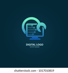 Logo design abstract computer repair vector template. Illustration design of logotype business desktop software. Vector computer web icon.