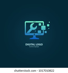 Logo design abstract computer repair vector template. Illustration design of logotype business desktop software. Vector computer web icon.