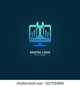 Logo design abstract computer repair vector template. Illustration design of logotype business desktop software. Vector computer web icon.