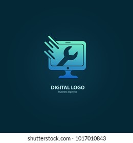Logo design abstract computer repair vector template. Illustration design of logotype business desktop software. Vector computer web icon.