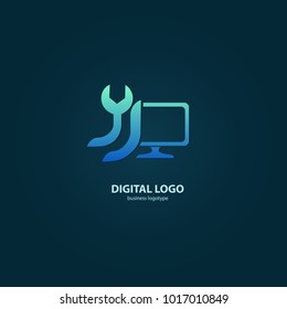 Logo design abstract computer repair vector template. Illustration design of logotype business desktop software. Vector computer web icon.