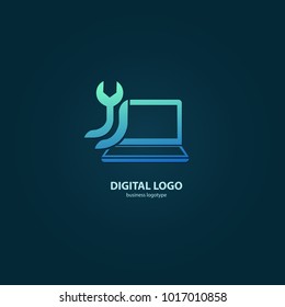 Logo design abstract computer repair vector template. Illustration design of logotype business desktop software. Vector computer web icon.