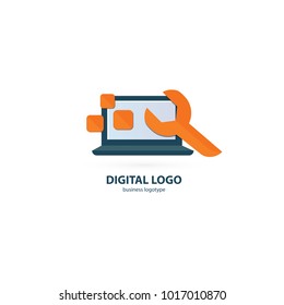 Logo design abstract computer repair vector template. Illustration design of logotype business desktop software. Vector computer web icon.