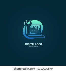 Logo design abstract computer repair vector template. Illustration design of logotype business desktop software. Vector computer web icon.