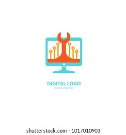 Logo design abstract computer repair vector template. Illustration design of logotype business desktop software. Vector computer web icon.