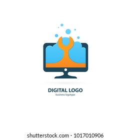 Logo design abstract computer repair vector template. Illustration design of logotype business desktop software. Vector computer web icon.
