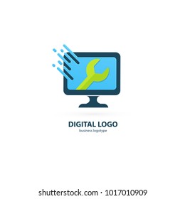 Logo design abstract computer repair vector template. Illustration design of logotype business desktop software. Vector computer web icon.