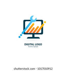 Logo design abstract computer repair vector template. Illustration design of logotype business desktop software. Vector computer web icon.