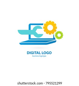 Logo design abstract computer repair vector template. Illustration design of logotype business desktop software. Vector computer web icon.