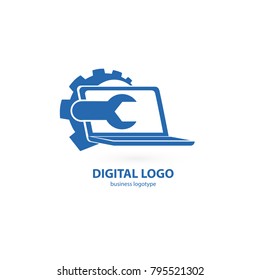 Logo design abstract computer repair vector template. Illustration design of logotype business desktop software. Vector computer web icon.