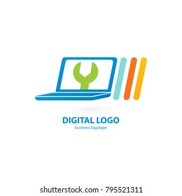 Logo design abstract computer repair vector template. Illustration design of logotype business desktop software. Vector computer web icon.