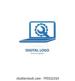Logo design abstract computer repair vector template. Illustration design of logotype business desktop software. Vector computer web icon.