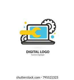 Logo design abstract computer repair vector template. Illustration design of logotype business desktop software. Vector computer web icon.