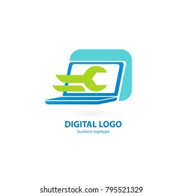 Logo design abstract computer repair vector template. Illustration design of logotype business desktop software. Vector computer web icon.