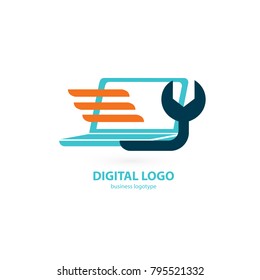 Logo design abstract computer repair vector template. Illustration design of logotype business desktop software. Vector computer web icon.