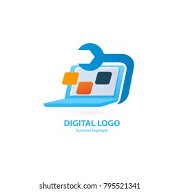 Logo design abstract computer repair vector template. Illustration design of logotype business desktop software. Vector computer web icon.