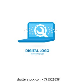Logo design abstract computer repair vector template. Illustration design of logotype business desktop software. Vector computer web icon.