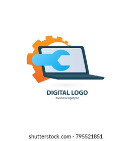 Logo design abstract computer repair vector template. Illustration design of logotype business desktop software. Vector computer web icon.