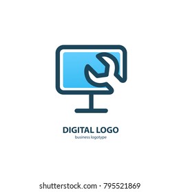 Logo design abstract computer repair vector template. Illustration design of logotype business desktop software. Vector computer web icon.