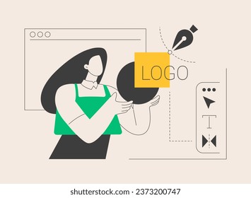 Ilustración vectorial de concepto abstracto de diseño de logotipos. Creación de logotipos, desarrollo de identidad corporativa, identificación visual de marca, agencia de diseño, logotipo, elemento de sitio web de estudio, barra de menús, metáfora abstracta de interfaz de usuario.