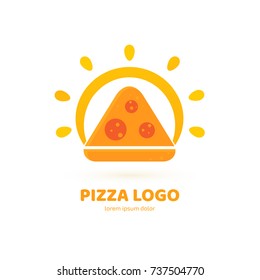 Logo design abstract italian food vector template. Illustration design of logotype pizza symbol. Vector pizza slice with cheese, salami, mushrooms, tomato and pepperoni.