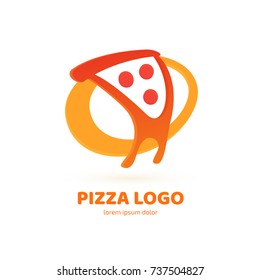 Logo design abstract italian food vector template. Illustration design of logotype pizza symbol. Vector pizza slice with cheese, salami, mushrooms, tomato and pepperoni.