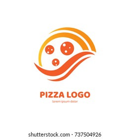 Logo design abstract italian food vector template. Illustration design of logotype pizza symbol. Vector pizza slice with cheese, salami, mushrooms, tomato and pepperoni.
