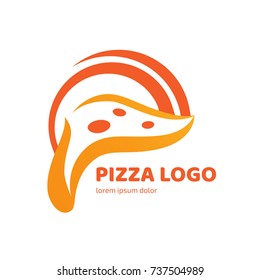 Logo design abstract italian food vector template. Illustration design of logotype pizza symbol. Vector pizza slice with cheese, salami, mushrooms, tomato and pepperoni.