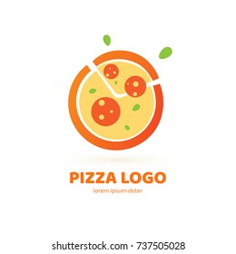 Logo design abstract italian food vector template. Illustration design of logotype pizza symbol. Vector pizza slice with cheese, salami, mushrooms, tomato and pepperoni.