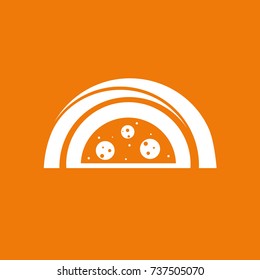 Logo design abstract italian food vector template. Illustration design of logotype pizza symbol. Vector pizza slice with cheese, salami, mushrooms, tomato and pepperoni.