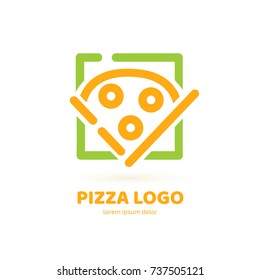 Logo design abstract italian food vector template. Illustration design of logotype pizza symbol. Vector pizza slice with cheese, salami, mushrooms, tomato and pepperoni.