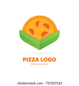 Logo design abstract italian food vector template. Illustration design of logotype pizza symbol. Vector pizza slice with cheese, salami, mushrooms, tomato and pepperoni.