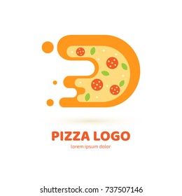 Logo design abstract italian food vector template. Illustration design of logotype pizza symbol. Vector pizza slice with cheese, salami, mushrooms, tomato and pepperoni.