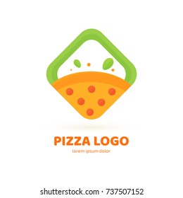 Logo design abstract italian food vector template. Illustration design of logotype pizza symbol. Vector pizza slice with cheese, salami, mushrooms, tomato and pepperoni.