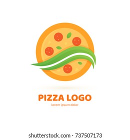 Logo design abstract italian food vector template. Illustration design of logotype pizza symbol. Vector pizza slice with cheese, salami, mushrooms, tomato and pepperoni.
