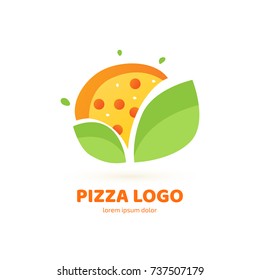 Logo design abstract italian food vector template. Illustration design of logotype pizza symbol. Vector pizza slice with cheese, salami, mushrooms, tomato and pepperoni.