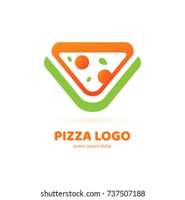 Logo design abstract italian food vector template. Illustration design of logotype pizza symbol. Vector pizza slice with cheese, salami, mushrooms, tomato and pepperoni.