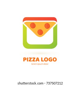 Logo design abstract italian food vector template. Illustration design of logotype pizza symbol. Vector pizza slice with cheese, salami, mushrooms, tomato and pepperoni.
