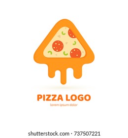 Logo design abstract italian food vector template. Illustration design of logotype pizza symbol. Vector pizza slice with cheese, salami, mushrooms, tomato and pepperoni.